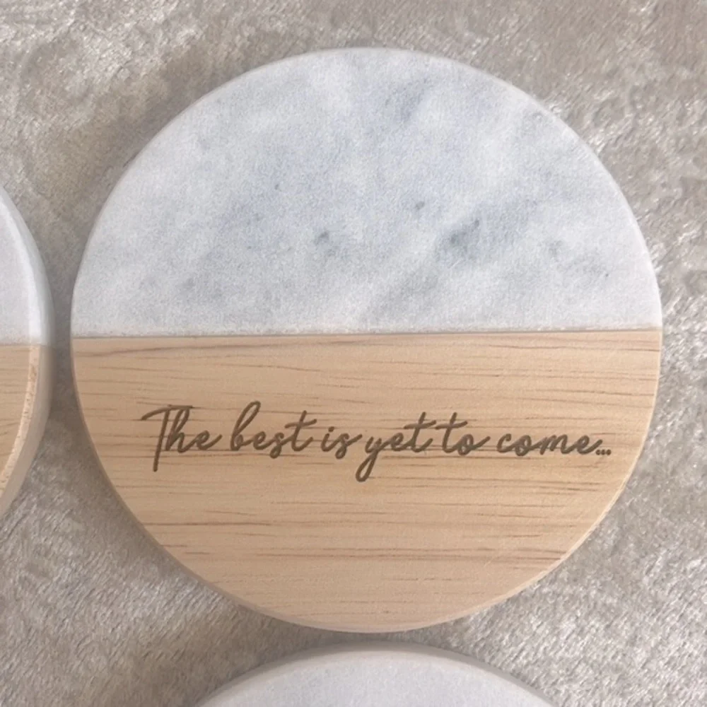 Brand New Genuine Marble & Organic Wood Coaster Set Engraved Gold Tone Holder